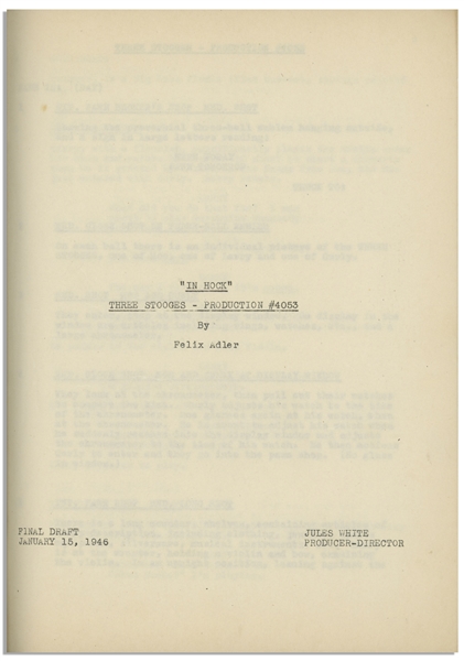 Moe Howard's 26pp. Script Dated January 1946 for The Three Stooges Film ''Three Loan Wolves'', Working Title ''In Hock'' -- With Call Sheet & ''Do not lose this copy'' written on cover -- Very Good